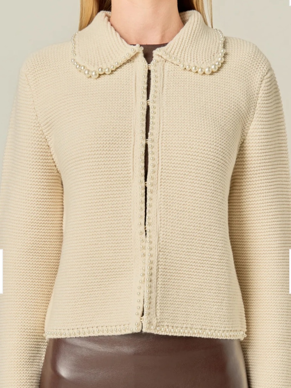 English Factory Pearl-Trim Knit Teagan Cardigan in Ivory